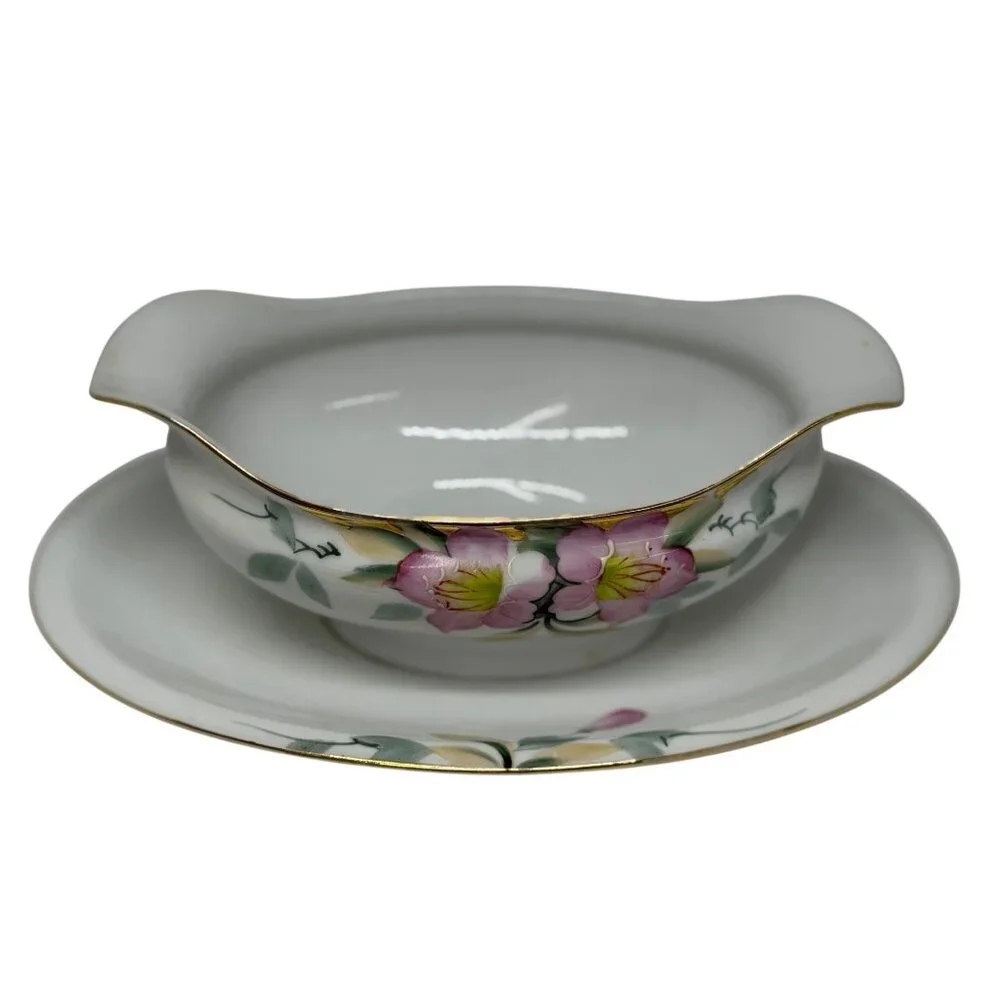 VTG Noritake Azalea Gravy Sauce Boat Attached Underplate Hand Painted Japan READ
